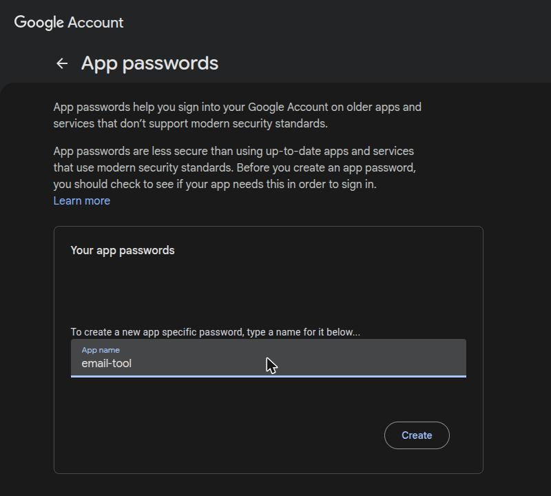 The App passwords page with email-tool typed as the app name