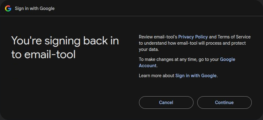 Google asks you to continue signing in to email-tool