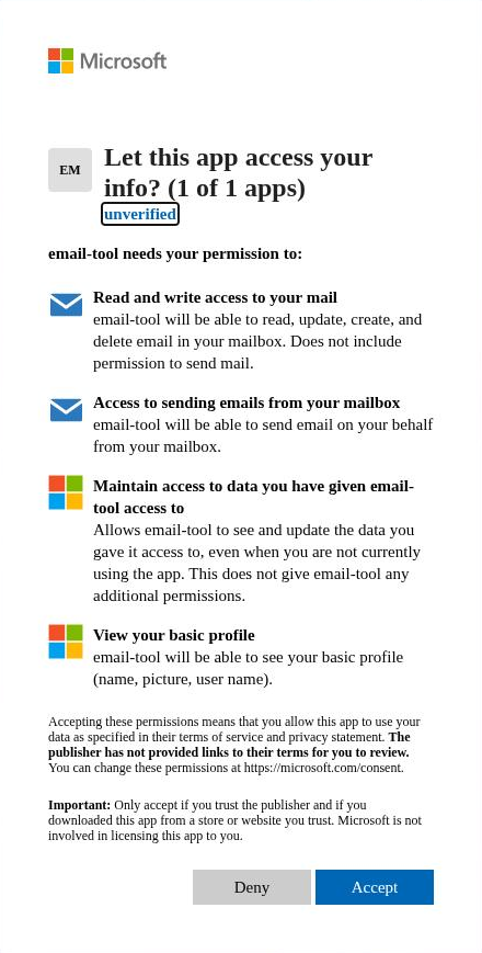 Microsoft asks whether email-tool may access your mail, with Deny and Accept