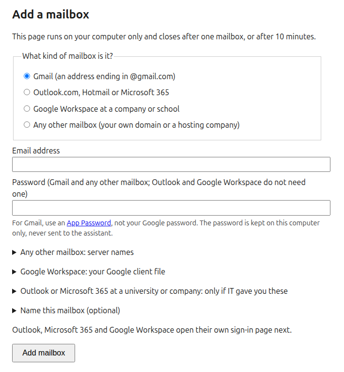 The Add a mailbox page: choose the kind of mailbox, type the email address and, for Gmail, the password
